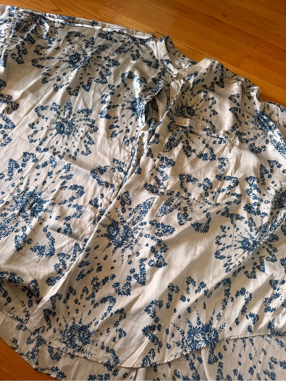 Free People Oversized White Tunic with Blue Floral Print, XL